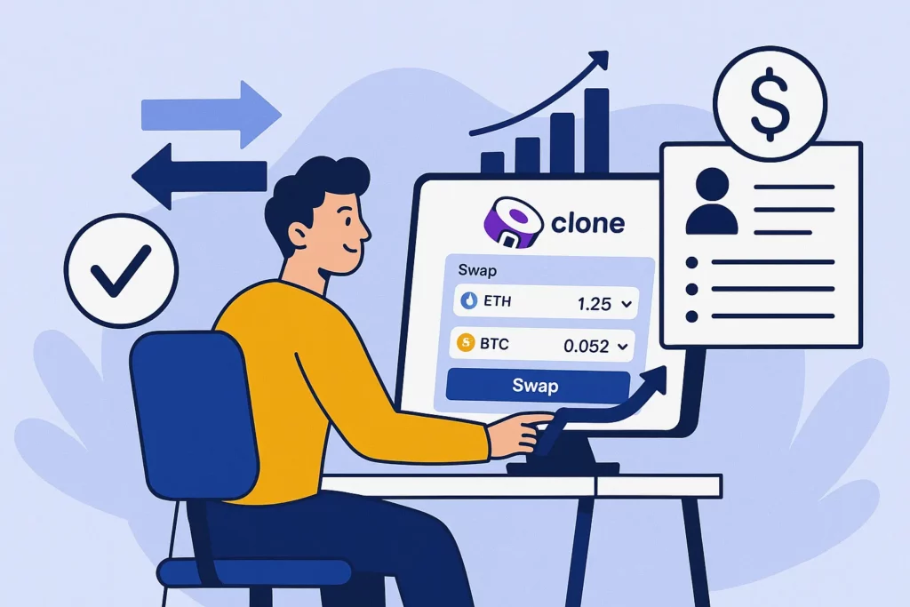 Illustration of crypto developers collaborating on a DeFi exchange project Sushiswap clone .