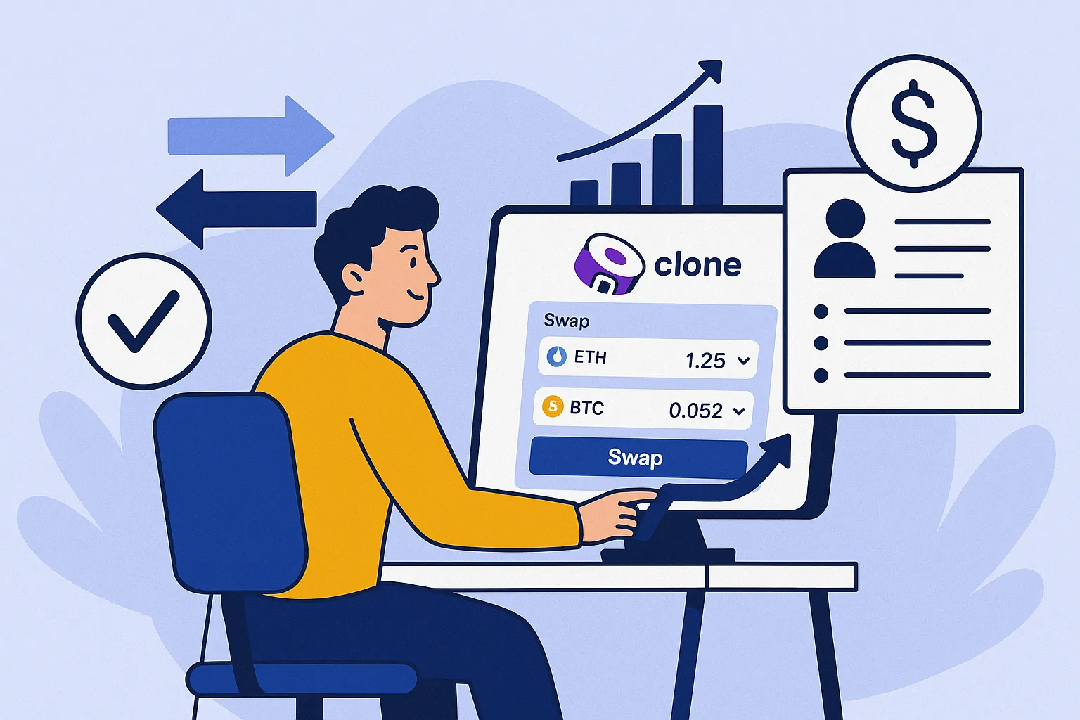 Illustration of crypto developers collaborating on a DeFi exchange project Sushiswap clone .
