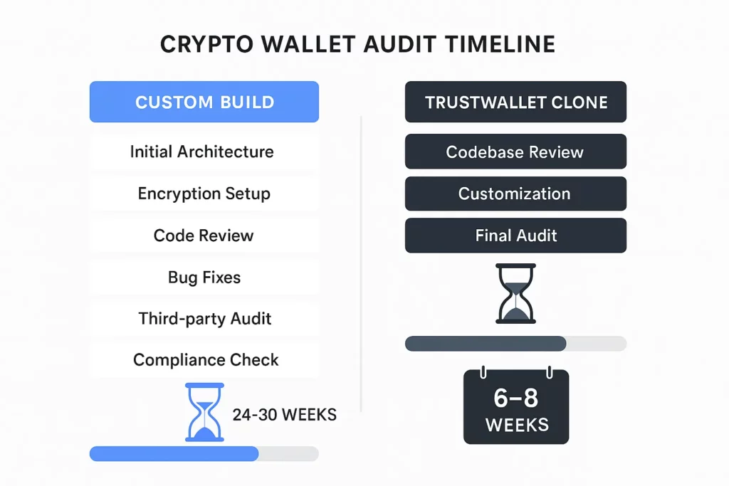 Illustration comparing a happy entrepreneur using a secure Trustwallet clone with a stressed developer overwhelmed by custom crypto wallet coding.