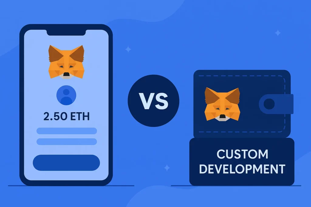 A startup founder comparing a MetaMask wallet clone to custom development using symbolic digital tools and charts