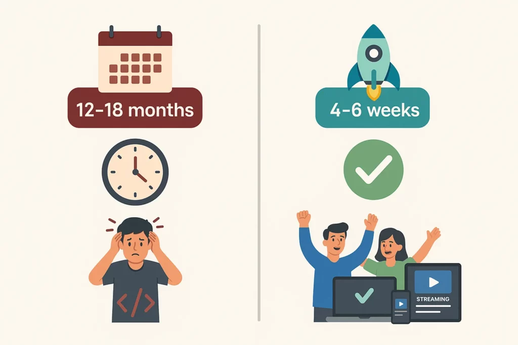 “Infographic visually comparing long custom OTT development timeline with short Netflix clone deplopment timeline