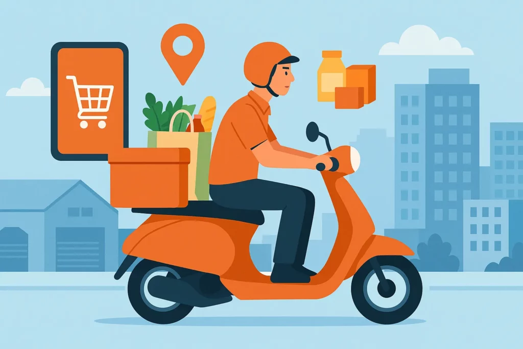 Delivery rider on scooter carrying groceries in urban city - Grofers business model illustration