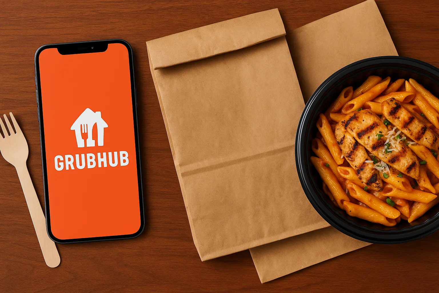 Illustration of Grubhub food delivery business model with driver delivering food to customer