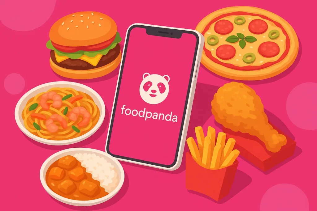 Illustration of a food delivery app with a rider delivering food from restaurants