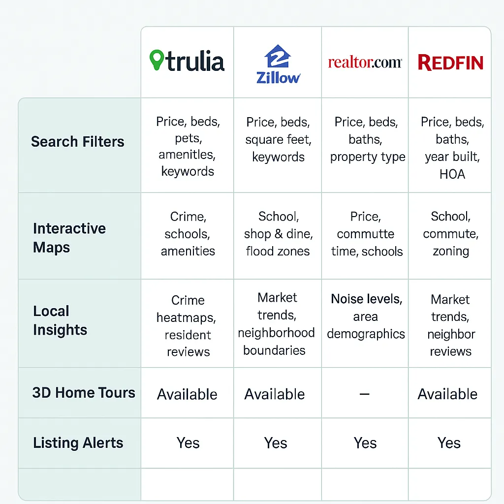Infographic comparing real estate apps Trulia, Zillow, Realtor.com, and Redfin across features like search filters, interactive maps, local insights, 3D home tours, and listing alerts.