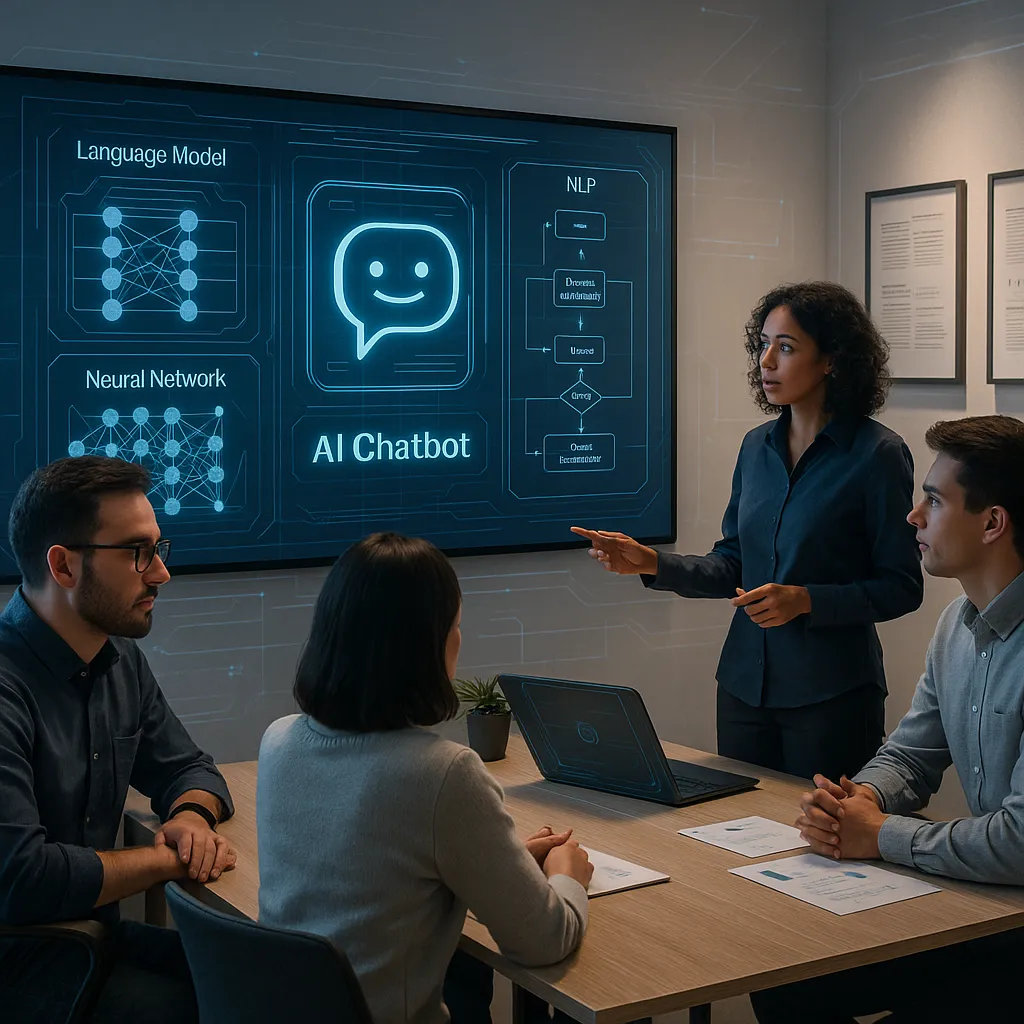 Illustration of an AI development team reviewing chatbot and LLM architecture, representing the importance of hiring a Google Gemini clone developer with proven domain expertise in AI and NLP.