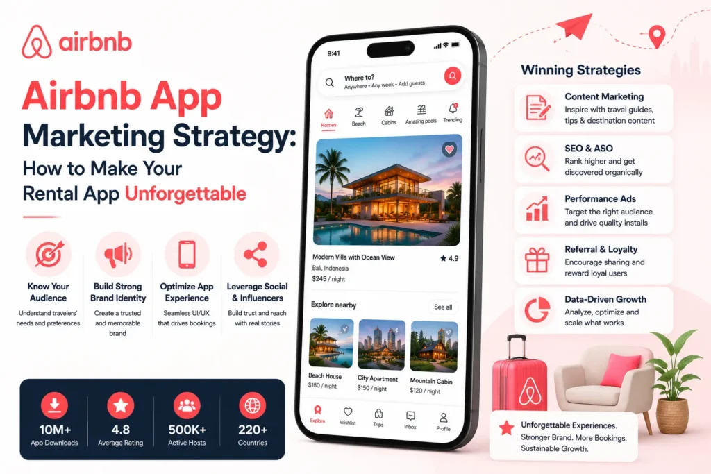 Airbnb App Marketing Strategy: How to Make Your Rental App Unforgettable,” showing a vacation rental mobile app, audience targeting, brand identity, app optimization, social marketing, SEO, performance ads, referral programs, and data-driven growth.