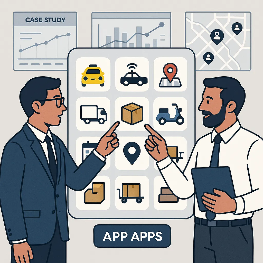 App developers analyzing past ride-hailing projects with dashboards, maps, and case study visuals — showcasing domain expertise in Bolt clone development.