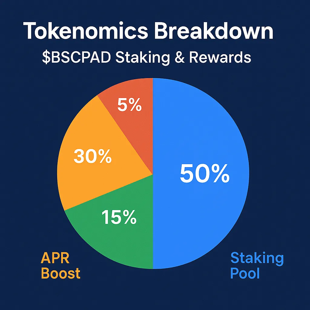 Pie chart breakdown of BSCPAD tokenomics showing 50% allocated to staking pool, 30% to APR boost, 15% to other categories, and 5% to remaining incentives
