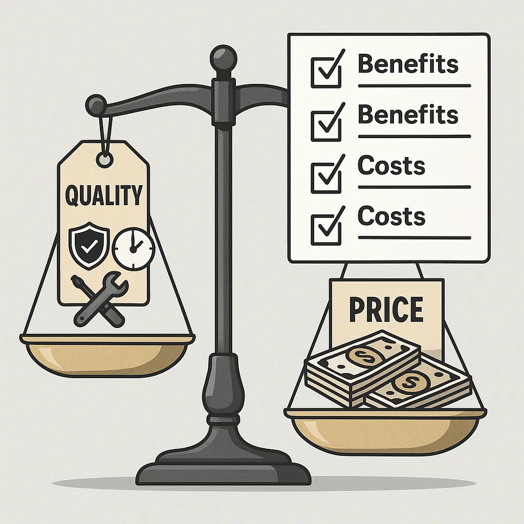 Balanced pricing model infographic comparing development costs with quality, security, and long-term value.