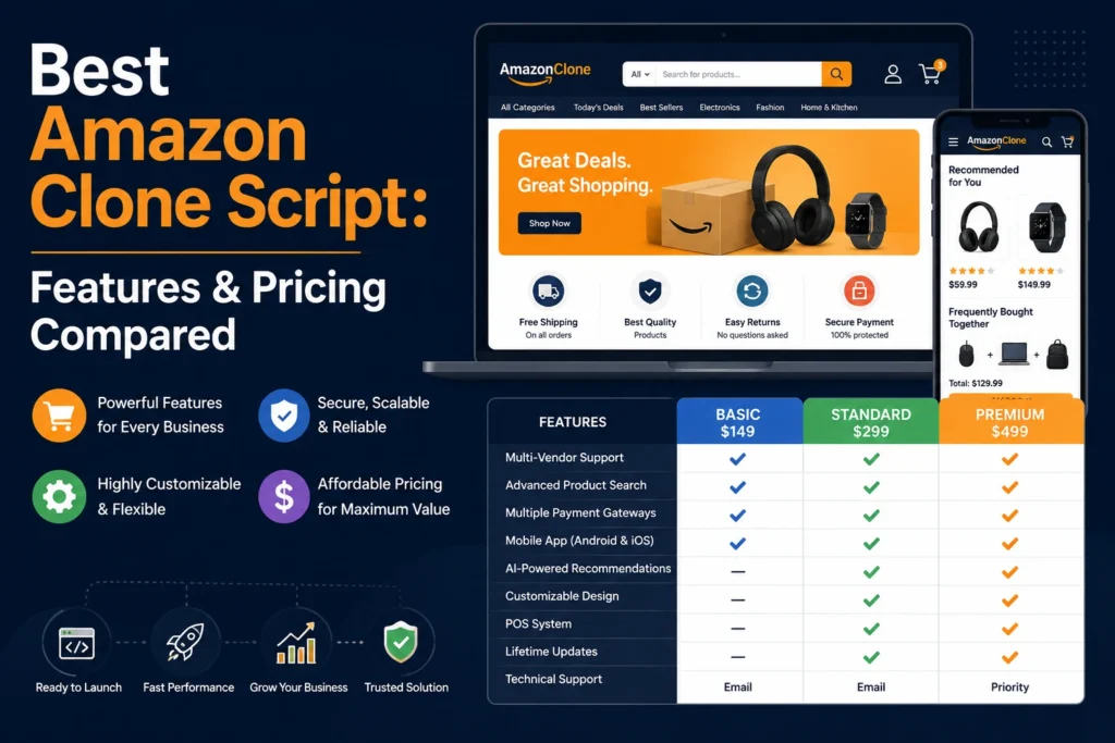 Comparison of Amazon clone script features and pricing: highlights secure, scalable, and customizable marketplace solutions with a focus on innovation for 2026.