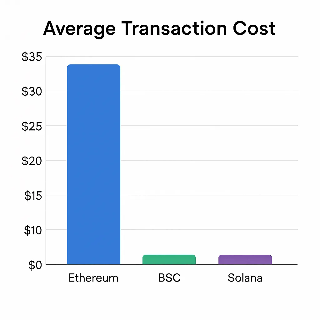 Bar chart comparing average transaction costs across blockchains: Ethereum with the highest at around $35, followed by BSC and Solana with significantly lower fees