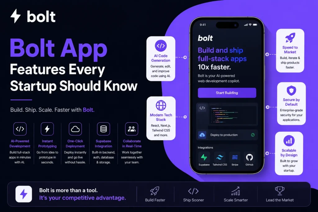 Modern Bolt app feature image showcasing essential startup-focused features including ride booking, real-time tracking, secure payments, driver management, scalability, and user-friendly mobile experiences in a clean green-and-white corporate design.