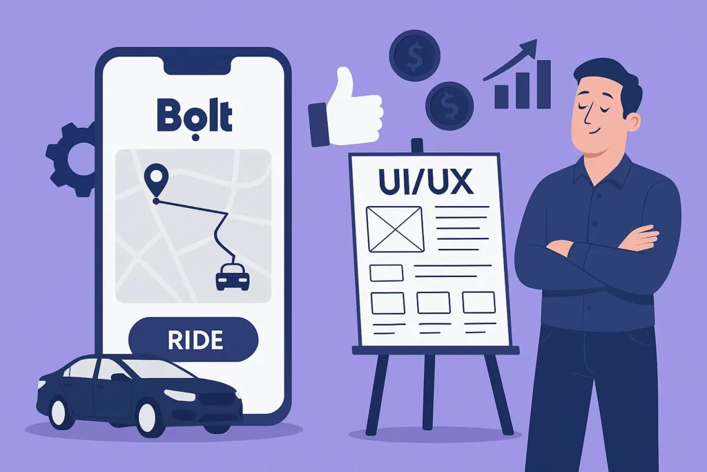 A startup founder stands at a forked road choosing between a complex path labeled "Custom Development" and a sleek path leading to a Bolt clone app interface