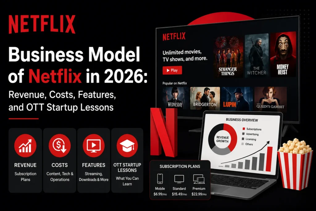 Business Model of Netflix in 2026 featured image showing revenue, costs, streaming features, subscription plans, growth charts, and OTT startup lessons.