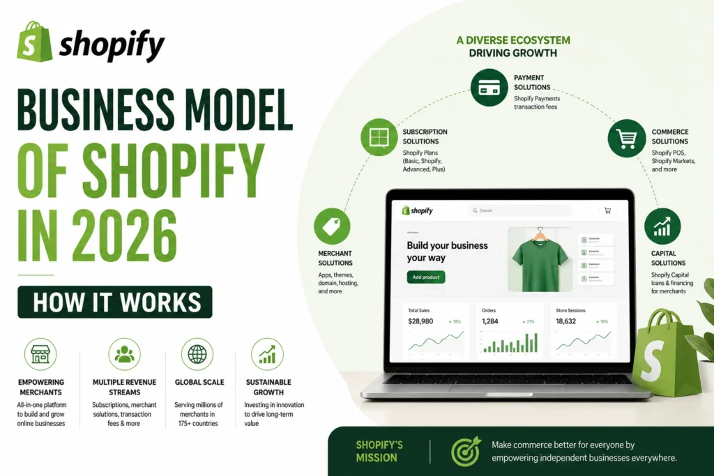 Corporate-style feature image about Shopify’s 2026 business model showing a Shopify dashboard interface, revenue ecosystem diagram, and ecommerce growth elements in a green-and-white business layout.