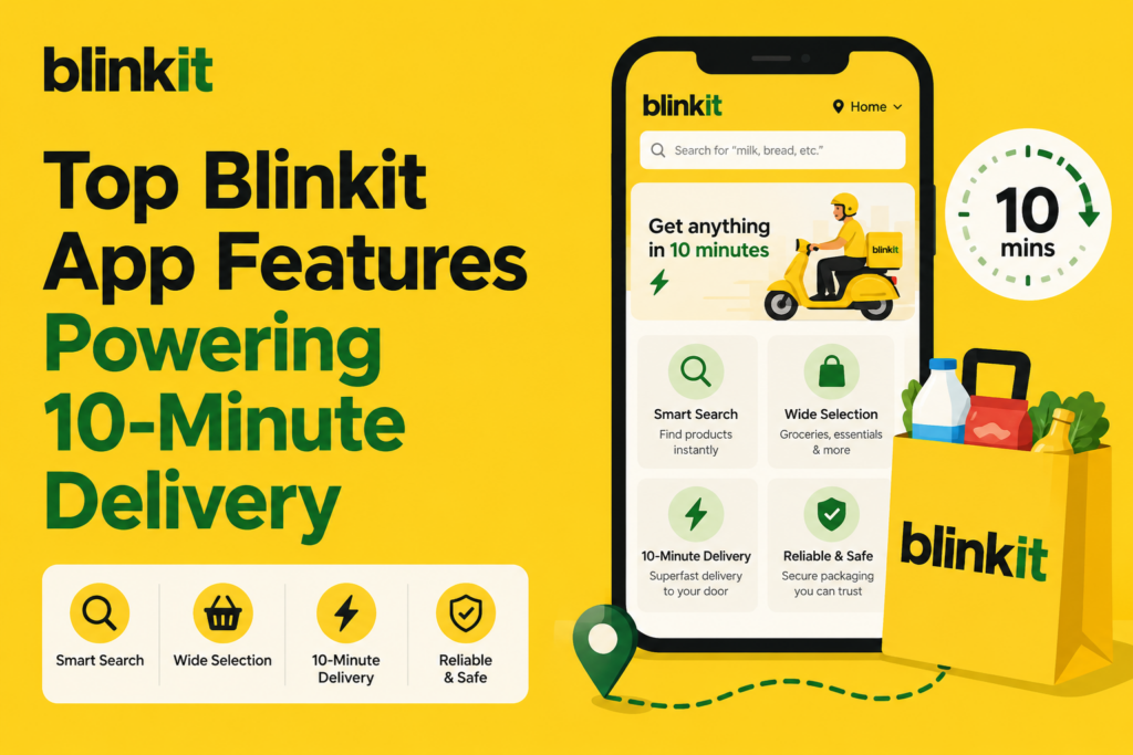 Blinkit feature banner showing a grocery delivery app interface with smart search, wide selection, 10-minute delivery, reliable packaging, and quick-commerce visuals.