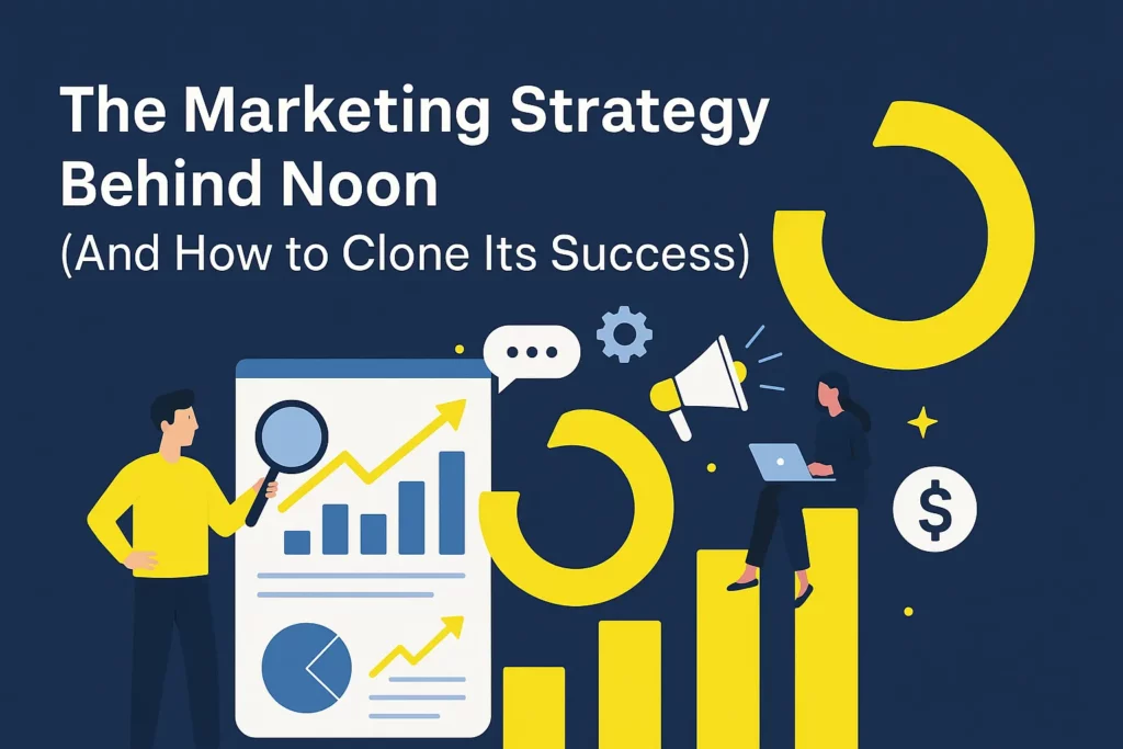 Illustration depicting the marketing strategy behind Noon with characters analyzing charts and digital marketing icons on a blue and yellow themed background.