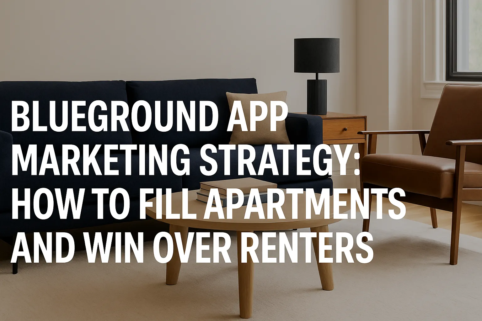 Modern living room setup with Blueground App Marketing Strategy title text overlay.
