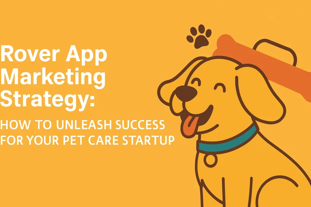 “Banner image for Rover App Marketing Strategy blog, featuring a bold white title and subtitle on a golden-yellow background, alongside a cheerful cartoon dog illustration.”