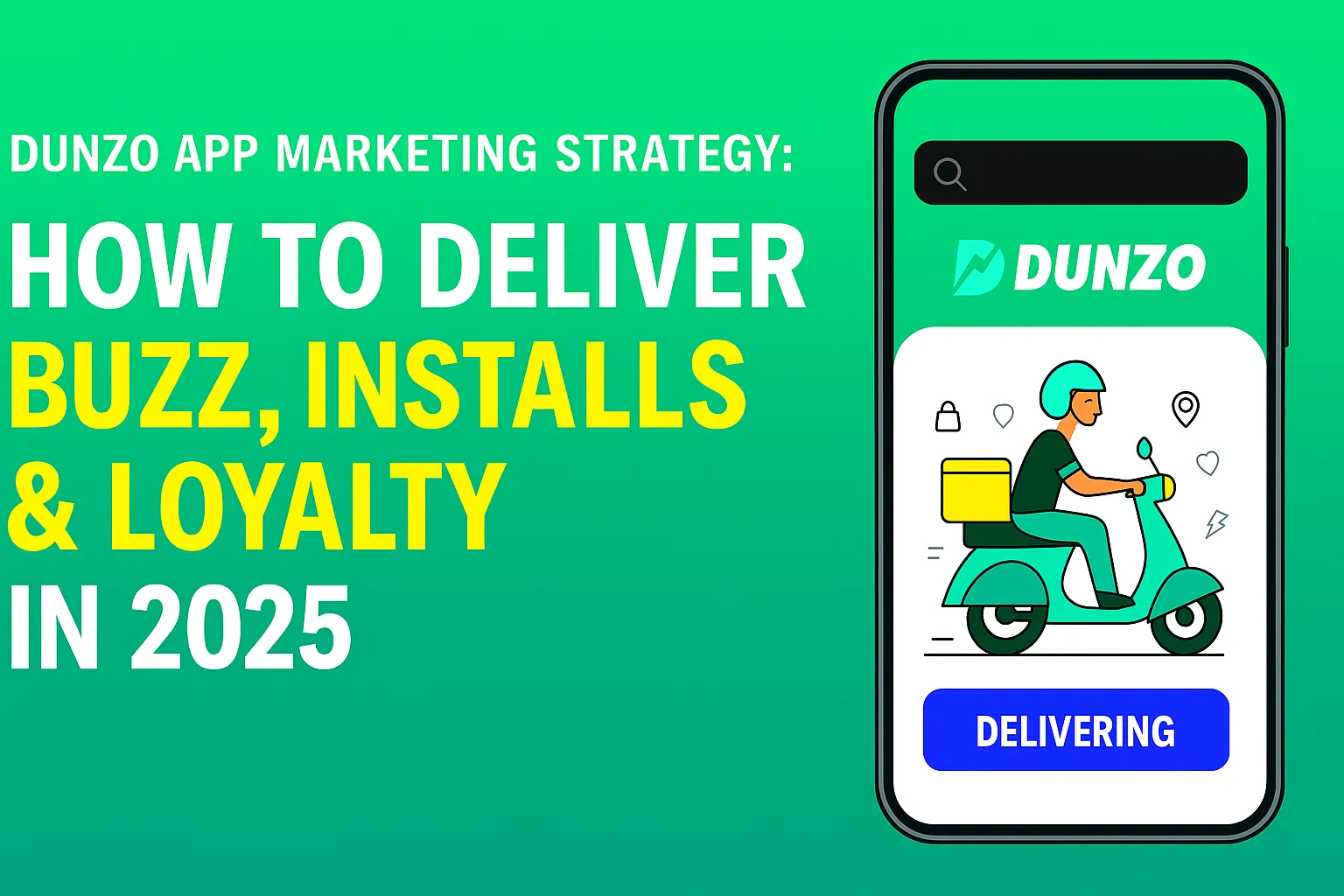 Smartphone displaying Dunzo app interface with delivery rider and bold marketing strategy text on a green background.
