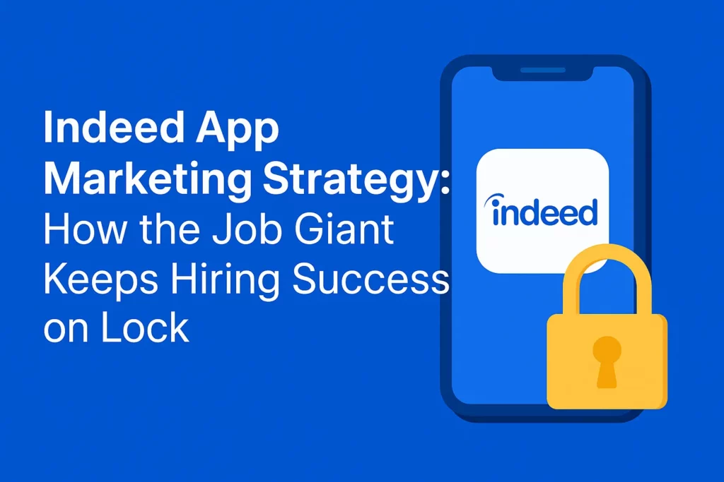 Smartphone with the Indeed app logo and a gold padlock icon, alongside the blog title “Indeed App Marketing Strategy: How the Job Giant Keeps Hiring Success on Lock” on a blue background.