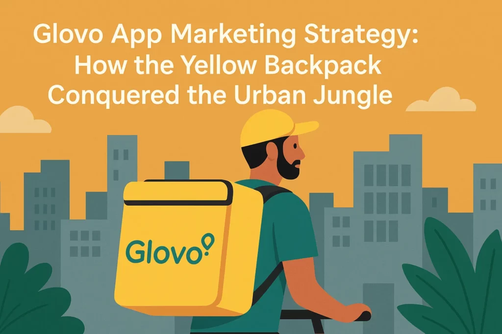 Illustration of a Glovo courier wearing a yellow backpack and cap, riding through a city with buildings and trees in the background, accompanied by the blog title “Glovo App Marketing Strategy: How the Yellow Backpack Conquered the Urban Jungle.”