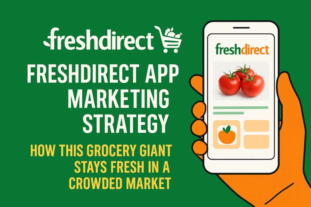Hand holding a smartphone with the FreshDirect app open, displaying tomatoes and app UI elements, alongside the title “FreshDirect App Marketing Strategy: How This Grocery Giant Stays Fresh in a Crowded Market” on a green background.