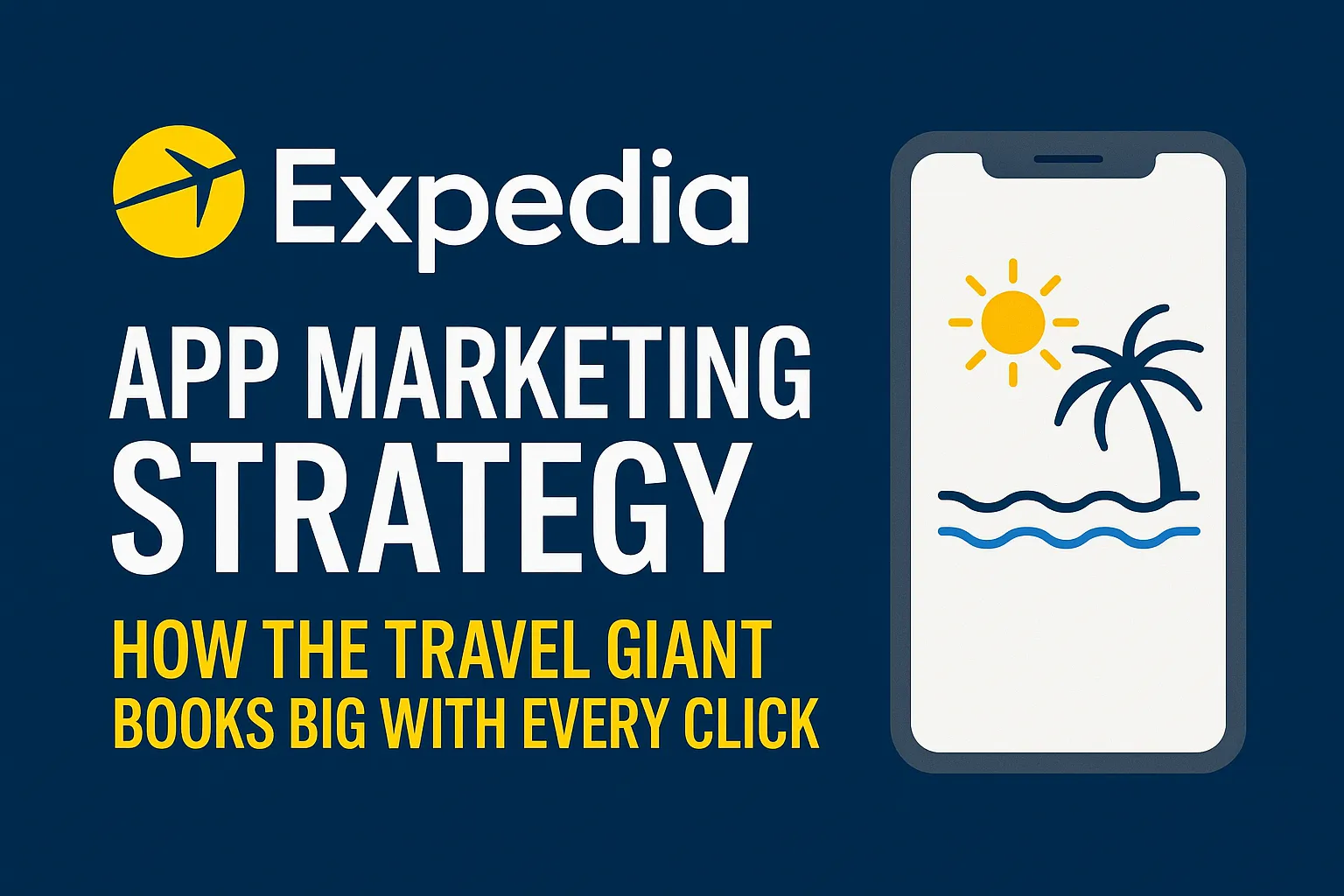 Banner graphic featuring the Expedia logo, bold white title text “App Marketing Strategy,” and the subtitle “How the Travel Giant Books Big with Every Click,” alongside a smartphone illustration displaying a beach scene with a sun and palm tree on a dark blue background.