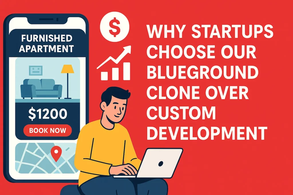 Illustrated banner showing a man working on a laptop next to a smartphone displaying a furnished apartment booking screen with map, price, and growth icons.