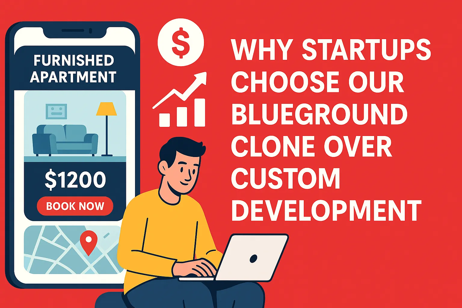 Illustrated banner showing a man working on a laptop next to a smartphone displaying a furnished apartment booking screen with map, price, and growth icons.