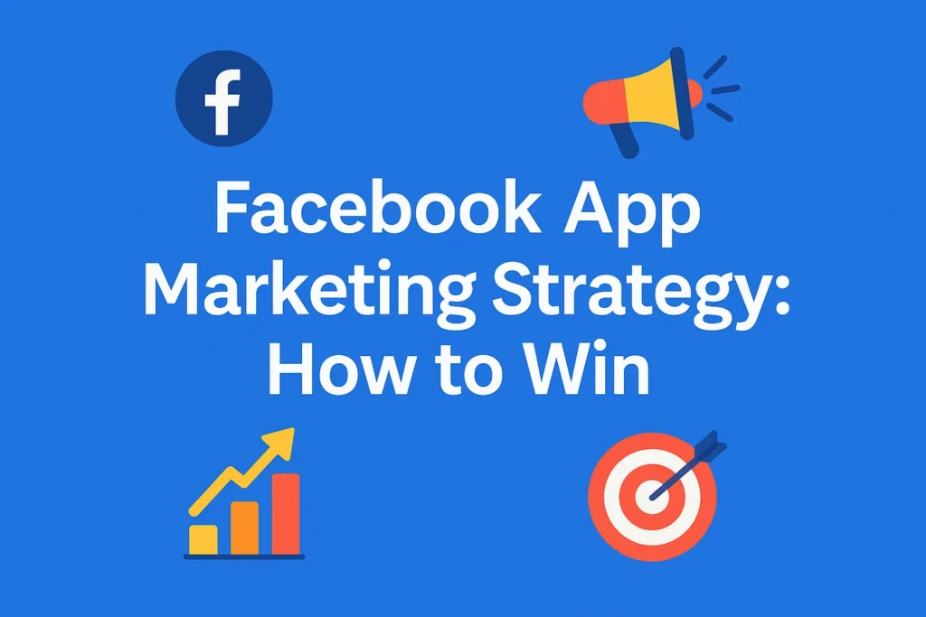 "Banner with the title 'Facebook App Marketing Strategy: How to Win' in bold white text on a blue background, surrounded by icons of a megaphone, target, graph, and Facebook logo."