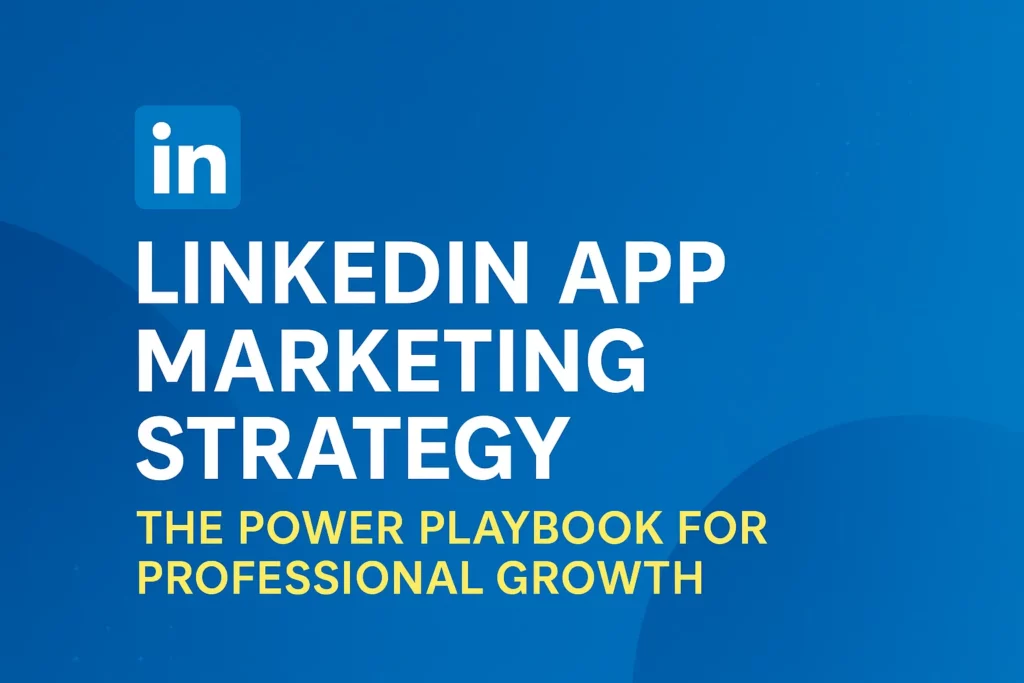"Banner with the text 'LinkedIn App Marketing Strategy: The Power Playbook for Professional Growth' on a blue background with LinkedIn logo and modern graphic accents."