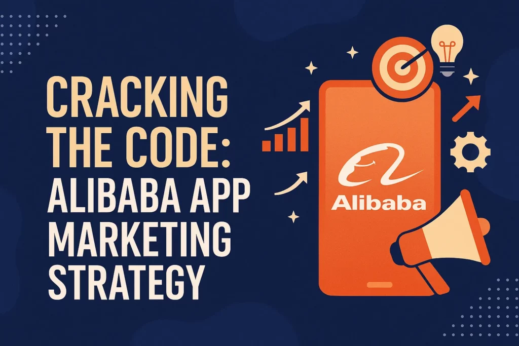 “Banner titled ‘Cracking the Code: Alibaba App Marketing Strategy’ with an orange smartphone showing the Alibaba logo surrounded by marketing icons like charts, target, lightbulb, and megaphone on a dark blue background.”