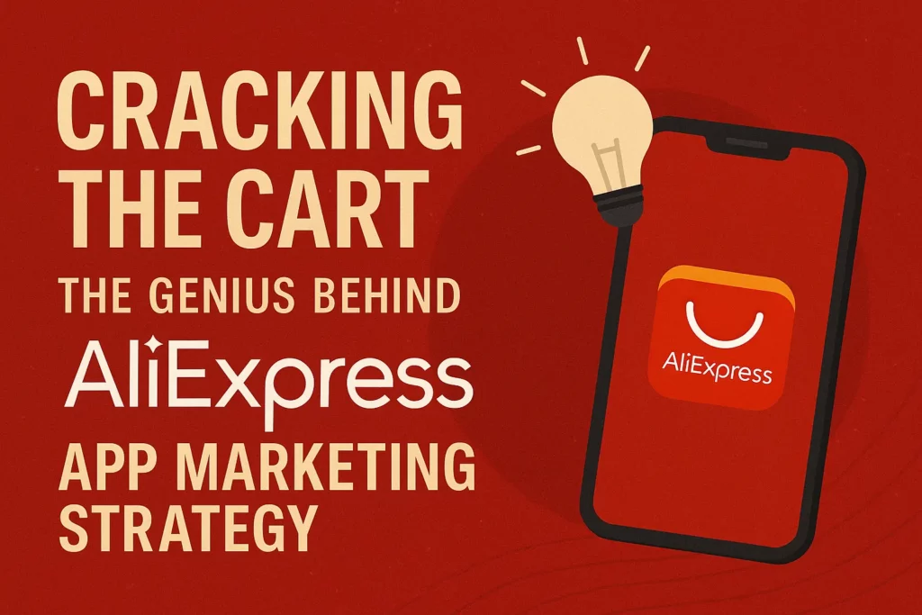 “Banner titled ‘Cracking the Cart: The Genius Behind AliExpress App Marketing Strategy’ featuring bold beige text on a red background with a smartphone displaying the AliExpress logo and a glowing lightbulb.”