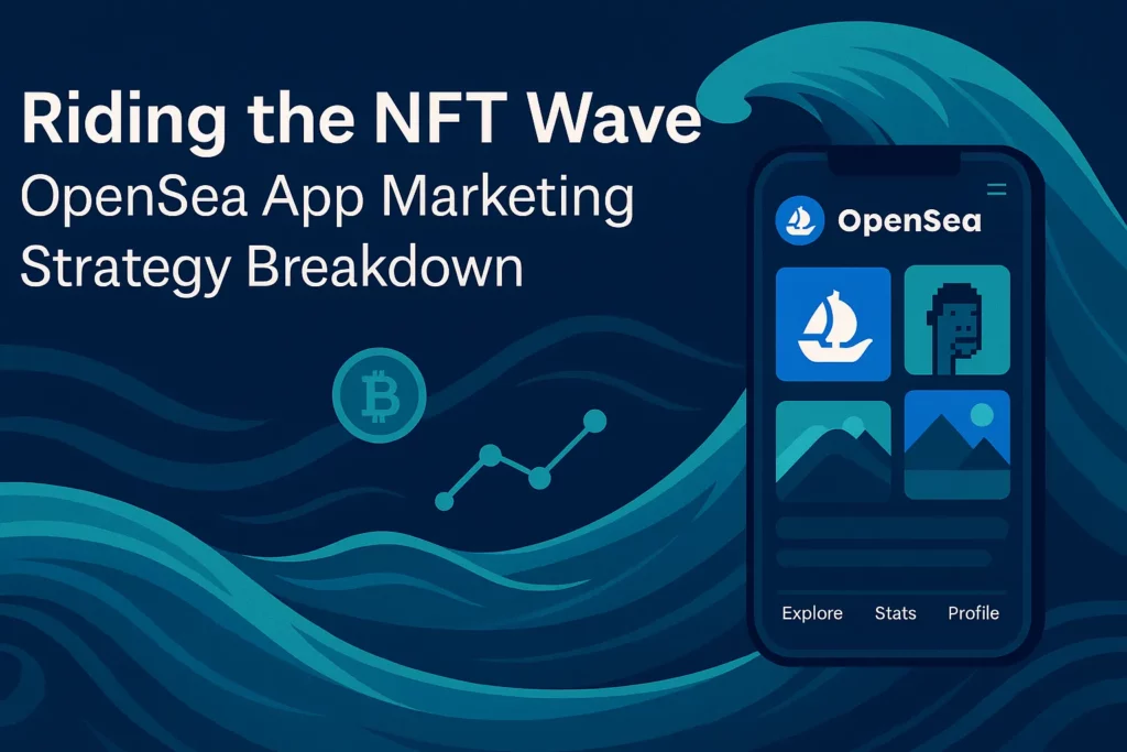 “Banner titled ‘Riding the NFT Wave: OpenSea App Marketing Strategy Breakdown’ featuring ocean wave graphics, a smartphone displaying the OpenSea app interface, and cryptocurrency symbols.”