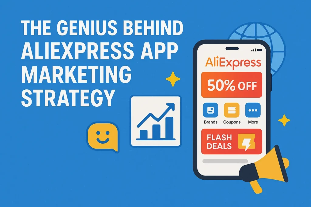 AliExpress app displayed on a smartphone with marketing icons, graph, chat bubble, and megaphone on a vibrant blue background.