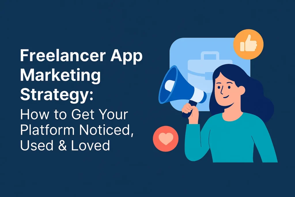Illustration of a woman holding a megaphone with icons of a heart and thumbs-up next to the text “Freelancer App Marketing Strategy: How to Get Your Platform Noticed, Used & Loved” on a dark blue background.