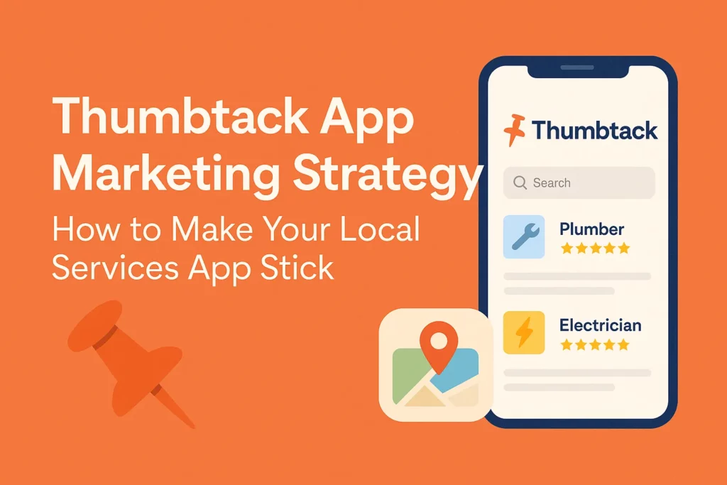 Illustrated banner showing the title “Thumbtack App Marketing Strategy: How to Make Your Local Services App Stick” with a smartphone displaying service listings and map icons on an orange background.