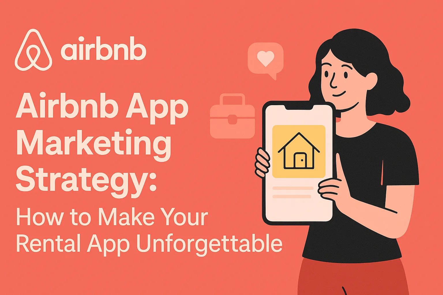 Illustration of a woman holding a smartphone with a rental app interface, promoting Airbnb app marketing strategy.