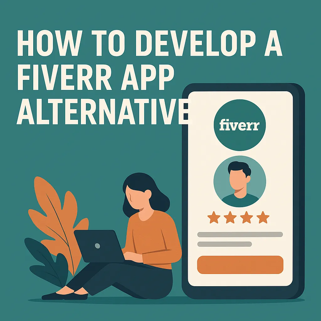 "Illustration of a woman working on a laptop next to a smartphone displaying a Fiverr-like app interface with the text 'How to Develop a Fiverr App Alternative'"