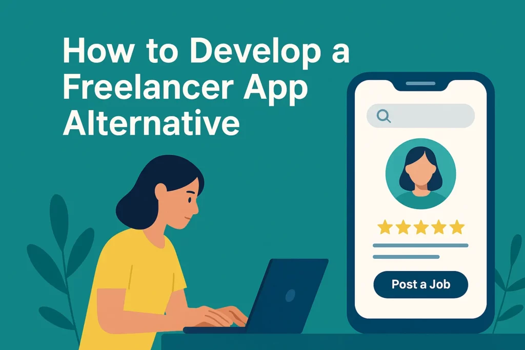 "Illustration of a woman working on a laptop beside a smartphone displaying a Freelancer-style app interface with bold title text above"