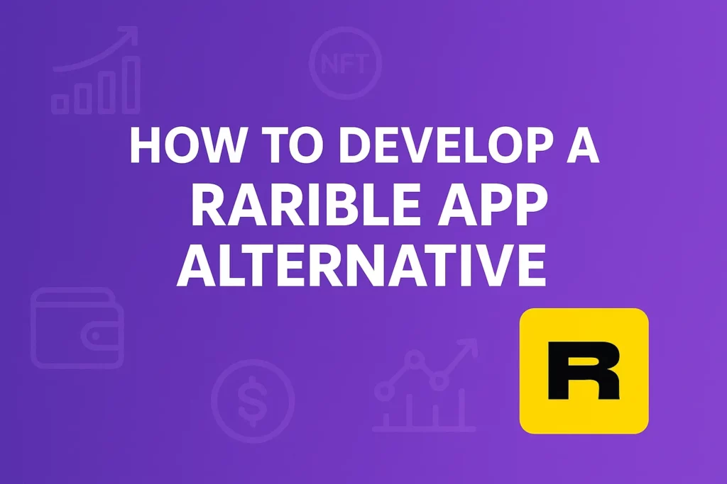 "Banner with bold white text on a purple gradient background reading 'How to Develop a Rarible App Alternative' alongside financial and NFT icons and a yellow Rarible logo"