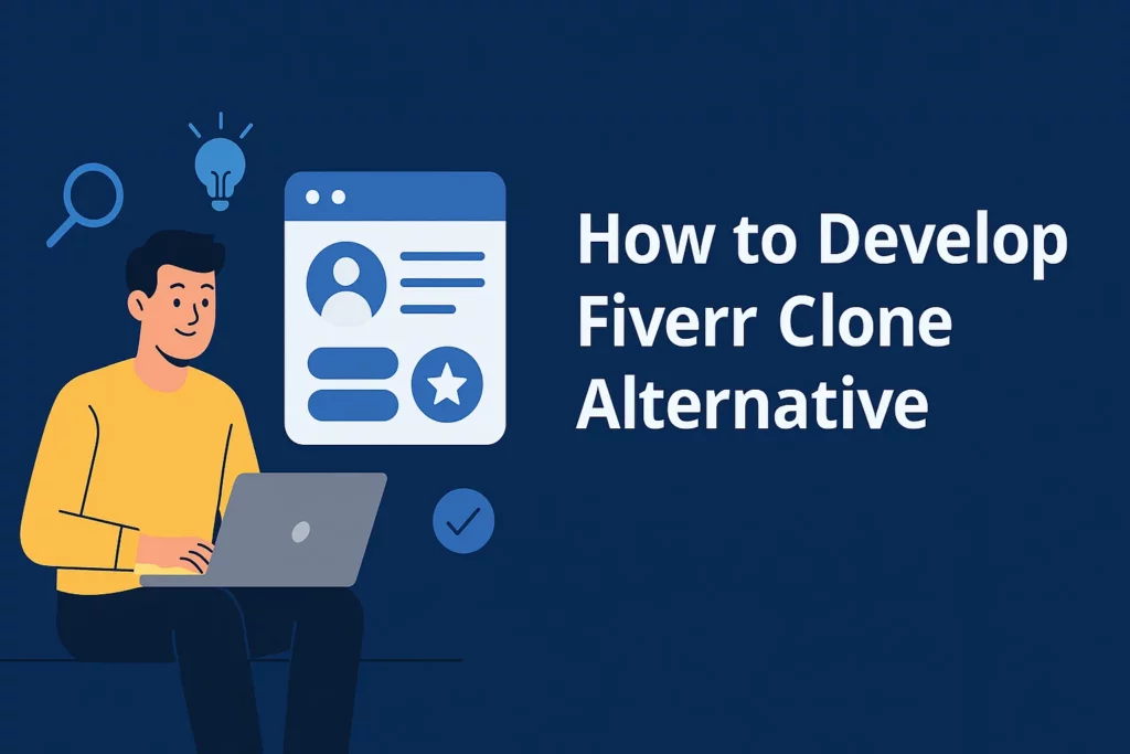 Illustration of a freelancer with a laptop next to a Fiverr-style user interface and the title “How to Develop Fiverr Clone Alternative”.