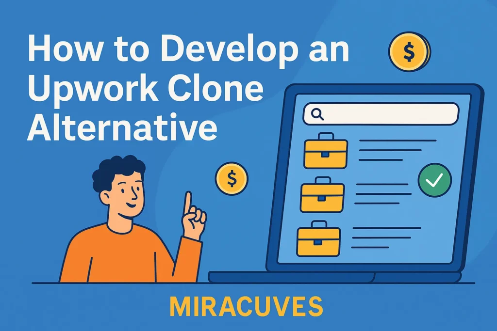 Illustration of a person interacting with a job-listing interface beside the title “How to Develop an Upwork Clone Alternative” and Miracuves branding.