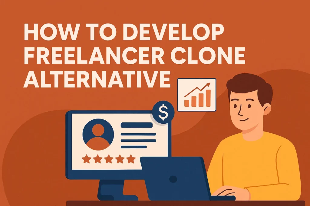 Banner image showing a freelancer working on a laptop beside a screen with profile ratings and a chart, with the title “How to Develop Freelancer Clone Alternative” in bold white text.