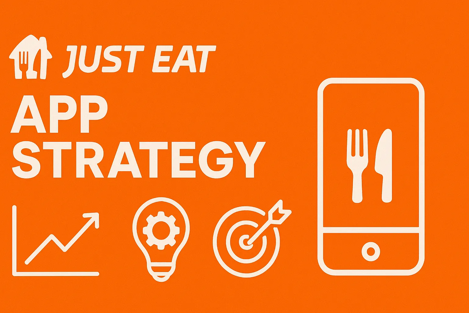 A bright orange digital banner showcasing Just Eat's app strategy, featuring the Just Eat logo, bold white text "APP STRATEGY", and white icons including a smartphone with fork and knife, a growth chart, a lightbulb with a gear, and a target with an arrow.