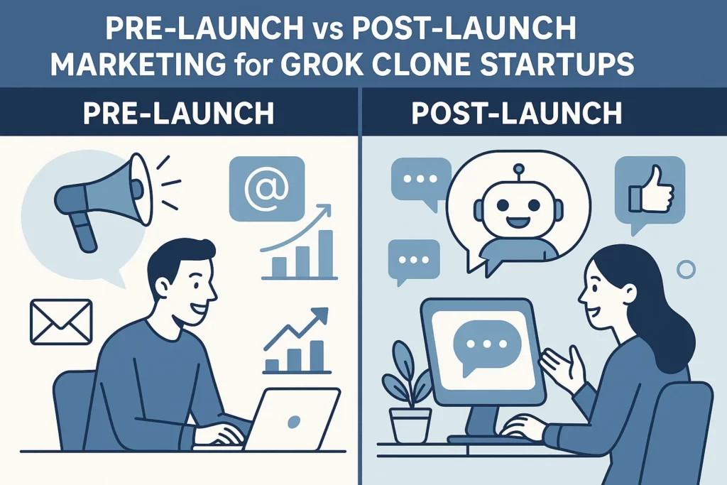 Split illustration showing pre-launch and post-launch marketing strategies for Grok Clone startups, with a man on the left planning strategy and a woman on the right interacting with a chatbot.
