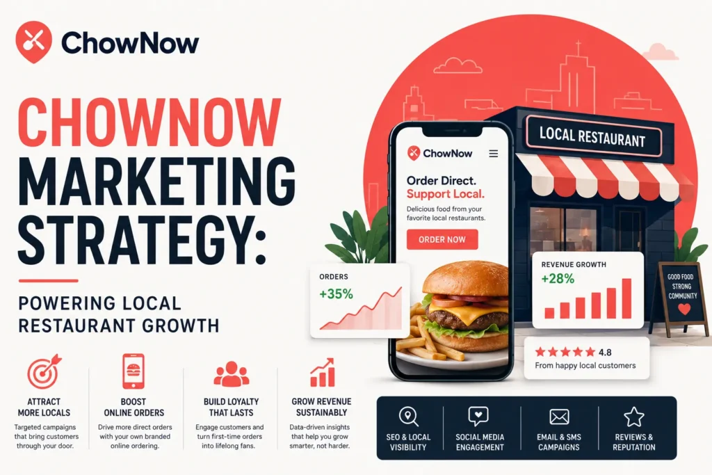 ChowNow-inspired marketing strategy feature image showing a local restaurant connected to a branded online ordering platform, highlighting direct orders, customer loyalty, local visibility, revenue growth, and digital marketing channels in a clean red-and-white design.