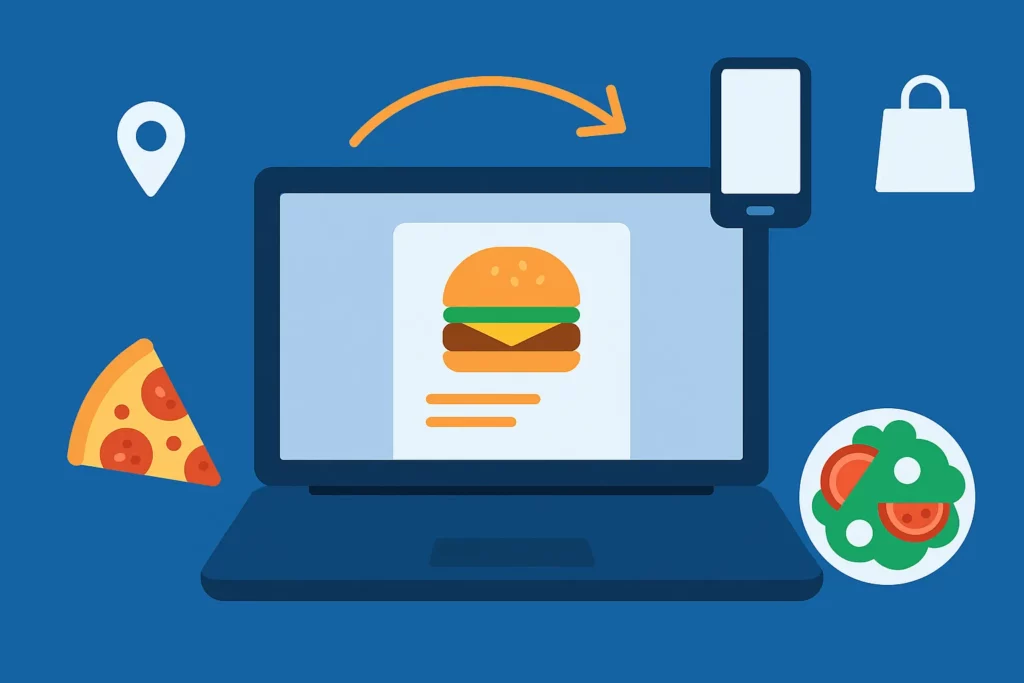 Illustration of a restaurant owner using ChowNow-style online ordering tools to manage food delivery and takeout orders
